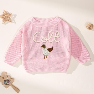 Suéter de pato real bordado a mano personalizado, lindo jersey de patos bordados a mano, suéter de pato, regalo para bebé, suéter de pato real tejido a mano Pink