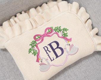 Personalized Swan Baby Blanket: Embroidered Floral Monogram, 100% Cotton