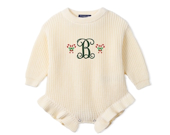 Personalized Christmas Baby Romper, Santa Monogram Knit Outfit, Baby Girl Holiday Romper, First Christmas Outfit, Newborn Gift, Holiday Gift