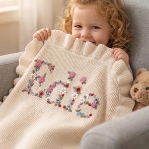 Personalized Embroidered Baby Blanket, Boho Baby Blanket, Floral Baby Blanket, Baby Knit Blanket, Newborn Gift For baby Girl, First Birthday image 2