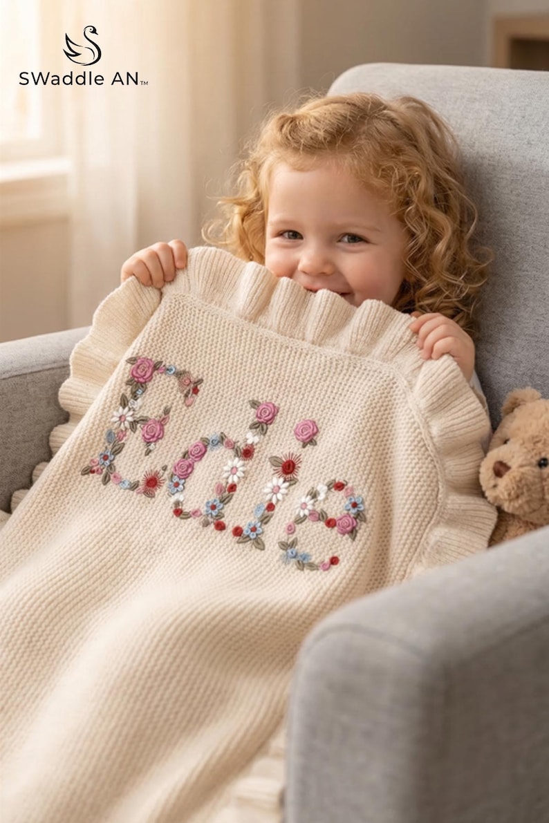 Personalized Embroidered Baby Blanket, Boho Baby Blanket, Floral Baby Blanket, Baby Knit Blanket, Newborn Gift For baby Girl, First Birthday image 2