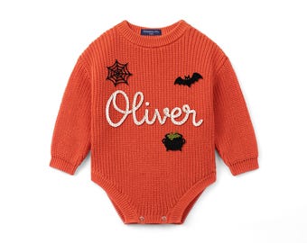 Personalized Halloween Baby Romper, Custom Baby Name Knit Romper, My First Halloween Outfit, Pumpkin Ghost Bat, Baby Halloween Gifts