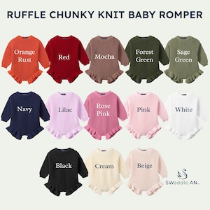 May include: A collection of twelve long-sleeve chunky knit rompers with ruffle details at the leg openings, displayed in various colors including orange rust, red, mocha, forest green, sage green, navy, lilac, rose pink, pink, white, black, cream, and beige.