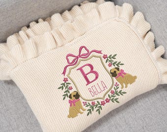 Personalized Pug Dog Baby Blanket, Nursery Decor, Embroidered Baby Knit Blanket, Custom Embroidery Name Baby Blanket, Baby Shower Gift