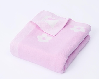 Daisy Baby Blanket, 100% Cotton Knit Baby Blanket, 2 Sides Knitting, Floral Daisy Nursery Decor, Baby Girl Blankets