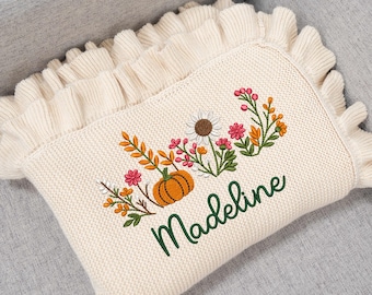 Personalized Floral Pumpkin Baby Blanket, Fall Knit Baby Blanket, Thanksgiving Baby Gift, Baby Shower Gift, Autumn Nursery Keepsake
