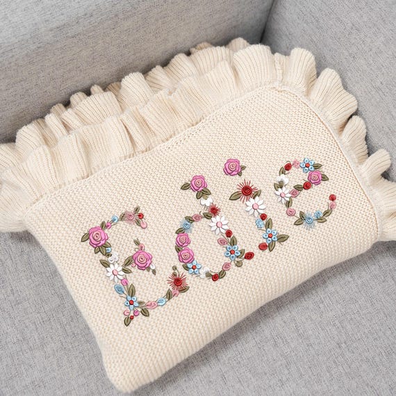 Personalized Embroidered Baby Blanket, Boho Baby Blanket, Floral Baby Blanket, Baby Knit Blanket, Newborn Gift For baby Girl, First Birthday