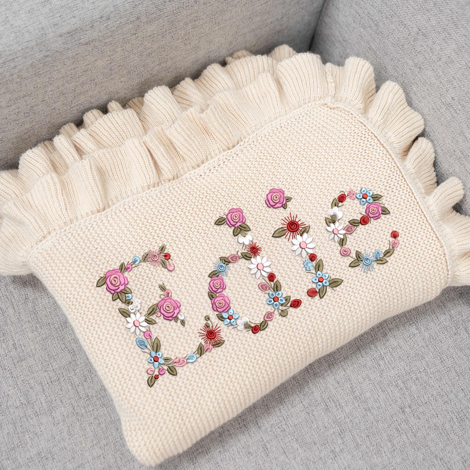 Personalized Embroidered Baby Blanket, Boho Baby Blanket, Floral Baby Blanket, Baby Knit Blanket, Newborn Gift For baby Girl, First Birthday