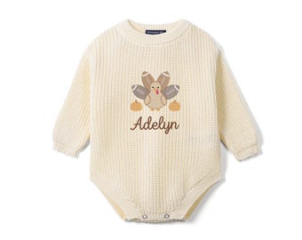 Personalized Turkey Baby Romper, Custom Embroidery Baby Fall Thanksgiving Romper, First Thanksgiving Outfit, Custom Baby Gift