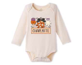 Personalized Halloween Bamboo Baby Bodysuit, Custom Name Pumpkin Ghost Baby Bodysuit, Cute Spooky Fall Outfit, Baby Shower Gift