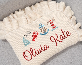 Baby Personalized Embroidery nautical baby blanket, Sailboat Anchor Baby Blanket, Custom Name Baby Gift, Nautical Embroidered Blanket