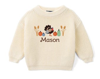 Personalized Thanksgiving Turkey Sweater, Baby Fall Outfit, Custom Name Turkey Pumpkin Sweater, First Thanksgiving Outfit, Baby Shower Gift