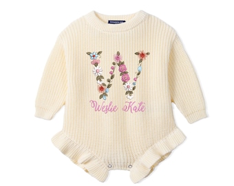 Custom Baby Name Romper, Floral Embroidery Romper, Baby Girl Coming Home Outfit, Personalized Baby Gift, Monogrammed, Baby Shower Gift