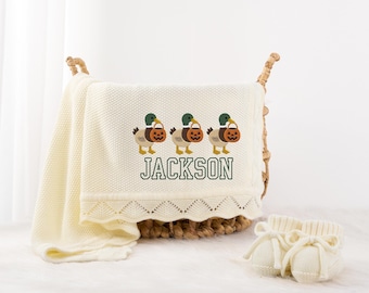 Personalized Mallard Duck Halloween Baby Blanket, Pumpkin Duck Heirloom Knit Blanket, Fall Baby Gift, Nursery Decor, Baby Shower Gift