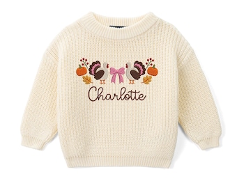 Custom Name First Thanksgiving Baby Sweater, Turkey Baby Sweater, Fall Baby Outfit, Pumpkin Autumn Sweater, Baby Girl Gift