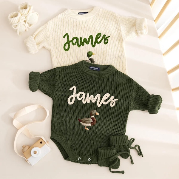 Cute Ducks Hand Embroidered Romper, Personalized Baby Name Romper, Hand Knitted Mallard Duck Outfit, Newborn Baby Gift, Baby Shower Gift