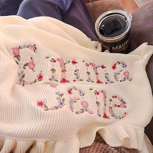 Personalized Embroidered Baby Blanket, Boho Baby Blanket, Floral Baby Blanket, Baby Knit Blanket, Newborn Gift For baby Girl, First Birthday image 7