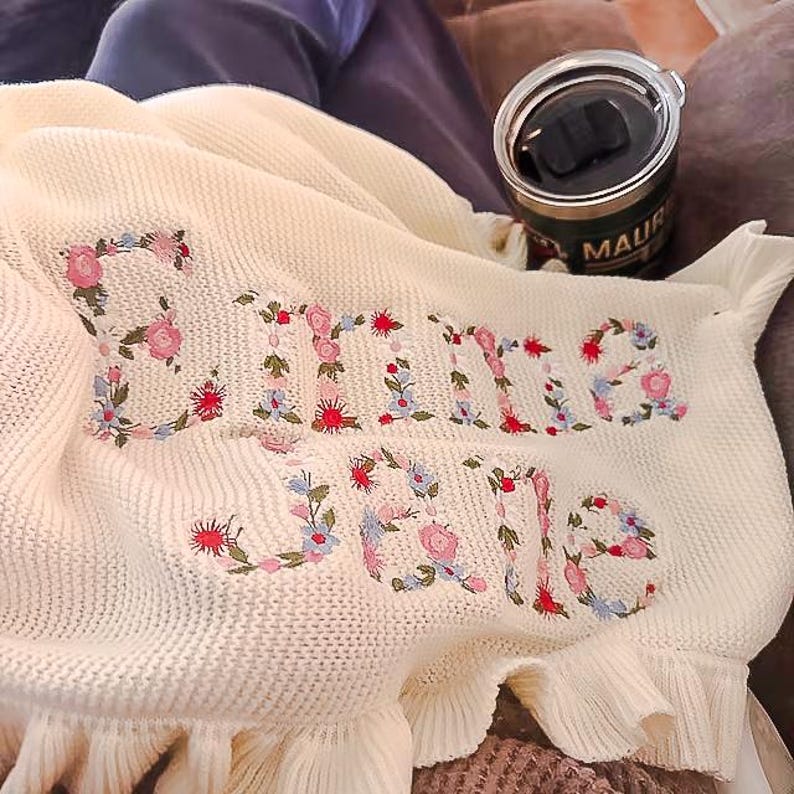 Personalized Embroidered Baby Blanket, Boho Baby Blanket, Floral Baby Blanket, Baby Knit Blanket, Newborn Gift For baby Girl, First Birthday image 7