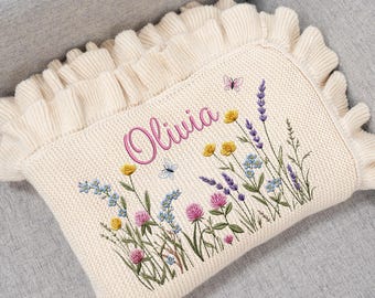 Wildflower Nursery Baby Knit Blanket, Custom Embroidery Baby Name Blanket Flowers, New Baby Gift, Girl Birthday Gift, Baby Shower Blanket