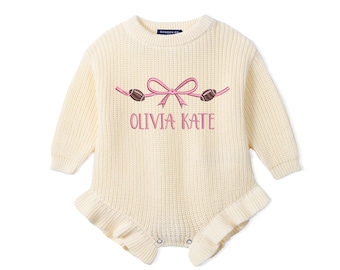 Personalized Football Baby Romper, Custom Name Embroidered Outfit, Football Bow Gift, Baby Shower Gift, Newborn Football Outfit