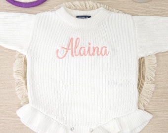 Custom Embroidered Knit Baby Romper, Custom Newborn Name Chunky Sweater Romper Baby Infant, Embroidered Newborn Sweater, Baby Girl Shower
