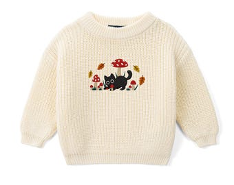 Black Cat Mushroom Baby Sweater, Gender Neutral Baby Outfit, Woodland Baby Sweater, Fall Baby Outfit, Autumn Baby Gift, Cat Lover Gift