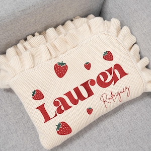 Personalized Strawberry Baby Blanket, Embroidered Cotton Knit Baby Floral Blanket, Baby Shower Gift, Newborn Blanket, Keepsake Gift for Baby