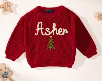 Custom Baby Christmas Sweatshirt, Hand Embroidered Sweater Baby Name Sweater, Newborn Sweater, Baby's First Christmas Outfit, Christmas Gift