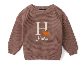 Personalized Pumpkin Monogram Baby Sweater, Custom Initial Fall Toddler Sweater, First Thanksgiving Outfit, Pumpkin Patch Baby Gift