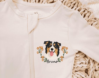 Custom Pet Portrait Baby Pajamas, Bamboo Convertible Footie with Dog Photo, Dog Name Baby Gifts, Custom Your Own Footie Pjs, Dog Lover Gift