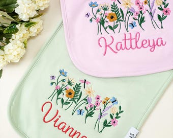 Personalized Burp Cloths for Girls, Embroidered Burp Cloths, Embroidered Floral Burp Cloths, Custom Baby Name Burp Cloths, Baby Shower Gift