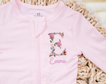 Personalized Embroidery Floral Pajamas, Baby Coming Home Outfit, Embroidered Floral Initial Footie, Gift for Baby Girl, Baby Shower Gifts