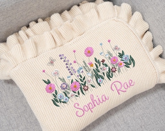 Wildflower Nursery Baby Quilt Blanket Ruffle, Embroidery Blanket Flowers, Custom Baby Name Blanket, Baby Shower Girl, Floral Nursery Blanket