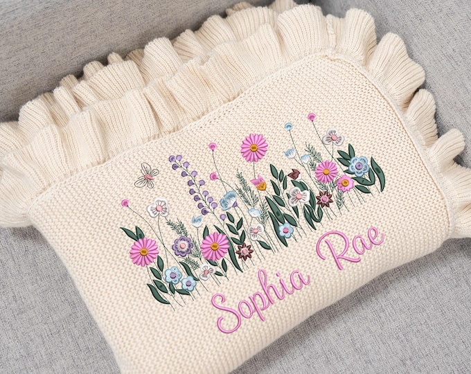 Wildflower Nursery Baby Quilt Blanket Ruffle, Embroidery Blanket Flowers, Custom Baby Name Blanket, Baby Shower Girl, Floral Nursery Blanket