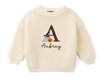 Personalized Halloween Baby Sweater, Custom Name Knit Sweater, Pumpkin Ghost Outfit, My First Halloween Outfit, Baby Halloween Gift