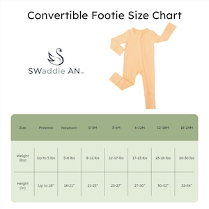 May include: A convertible footie size chart with a peach-colored footed onesie. The chart lists sizes from preemie to 18-24 months, with weight in pounds and height in inches. The brand logo is a swan with the text "SWaddle AN".