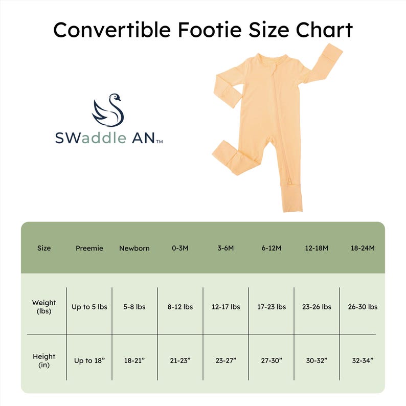 May include: A convertible footie size chart with a peach-colored footed onesie. The chart lists sizes from preemie to 18-24 months, with weight in pounds and height in inches. The brand logo is a swan with the text "SWaddle AN".