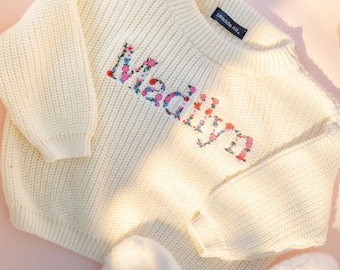 Personalized Embroidered Baby Sweater, Baby Knit Sweater, Floral Baby Sweater, Baby Shower Gift, Newborn Gift For baby Girl, First Birthday