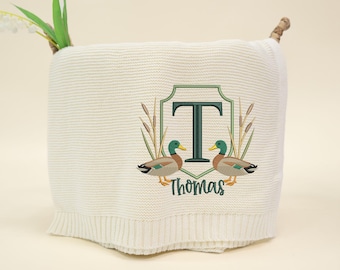 Mallard Ducks Crest Embroidery Knitted Blanket, Custom Baby Name Blanket, Name Blanket for Boy, Baby Blanket Mallard Duck Stuff