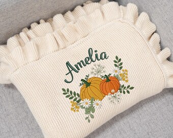 Personalized Floral Pumpkin Baby Blanket, Custom Embroidery Baby Name Blanket, My First Halloween, New Baby Gift, Baby Shower Blanket