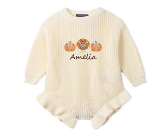 Personalized Thanksgiving Turkey Knit Romper, Custom Name Baby Outfit, First Thanksgiving Outfit, Pumpkin Baby Clothes, Fall Baby Gift