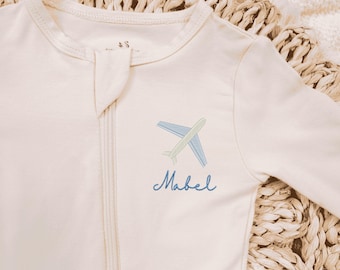Personalized Embroidery Airplane Baby Pajamas, Cute Pilot Bamboo Baby Outfit, Aircraft Baby Sleep Bodysuit, Bamboo Baby Shower Gifts