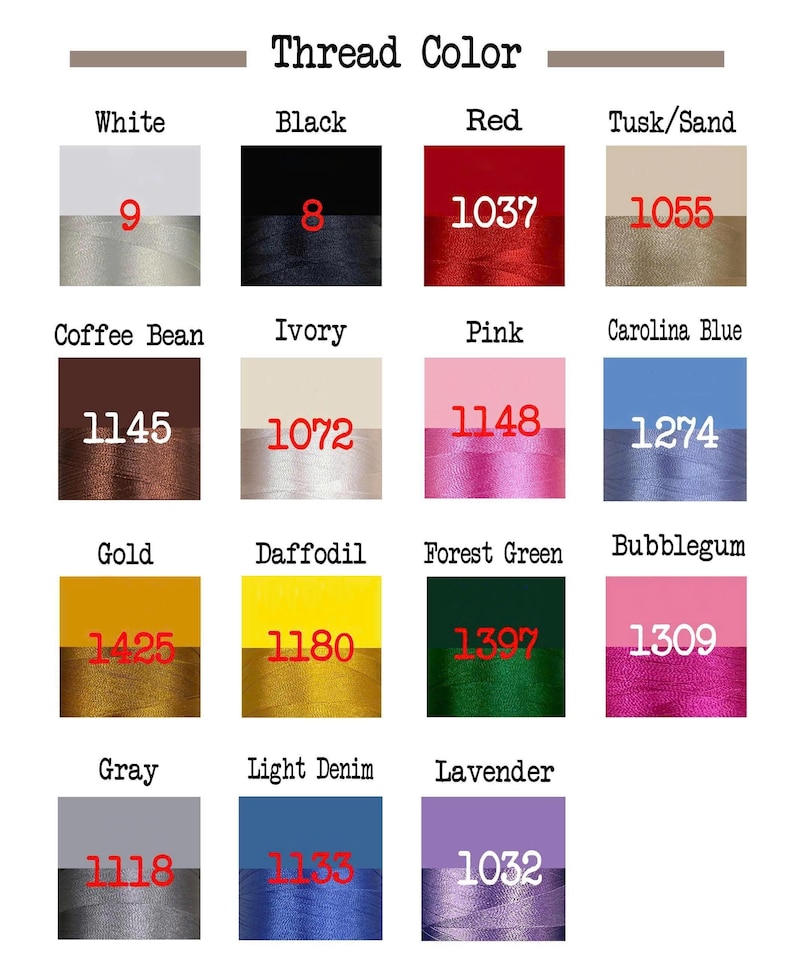 May include: A thread color chart featuring fifteen distinct color swatches arranged in a grid. Each swatch displays a color name, a corresponding thread sample, and a unique numerical code in red or white text for identification purposes.