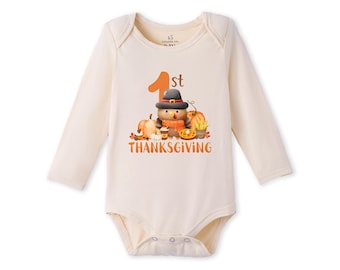 Personalized Bamboo First Thanksgiving Baby Bodysuit, Turkey Baby Outfit, Fall Baby Clothes, Long Sleeve Infant Bodysuit, Baby Shower Gift