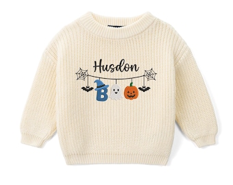Personalized Halloween Baby Sweater, Custom Name Boo Ghost Pumpkin Sweater, Kids Halloween Sweater, First Halloween Outfit, Fall Baby Gift