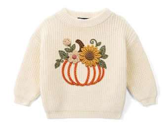 Custom Baby Pumpkin Sweater, Fall Pumpkin Hand Embroidery Knit Sweater, Toddler Sweater, Personalized Fall Baby Outfit, Baby Shower Gifts