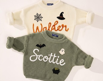Personalized Halloween Baby Sweater, Custom Name Knit Sweater, My First Halloween Outfit, Toddler Pumpkin Ghost Bat, Baby Halloween Gifts