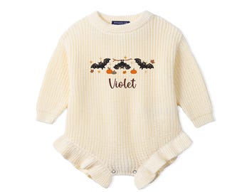 Personalized Halloween Baby Romper, Custom Name Pumpkin Bat Outfit, First Halloween Outfit, Fall Baby Outfit, Halloween Baby Gift