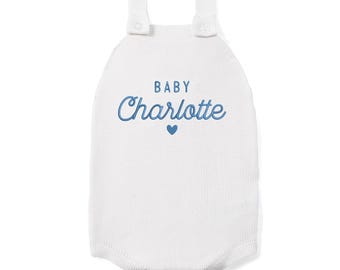 Personalized Baby Name Romper, Custom Knit Baby Outfit, Birth Announcement, Newborn Keepsake Gift, Baby Shower Gift, Neutral Baby
