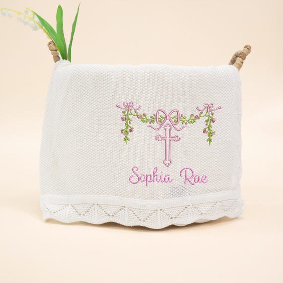 Personalized Floral Cross Embroidery Blanket, Newborn Keepsake, Baptism Gift, Baby Shower Gift, Custom Baby Name, Embroidery Baby Blanket
